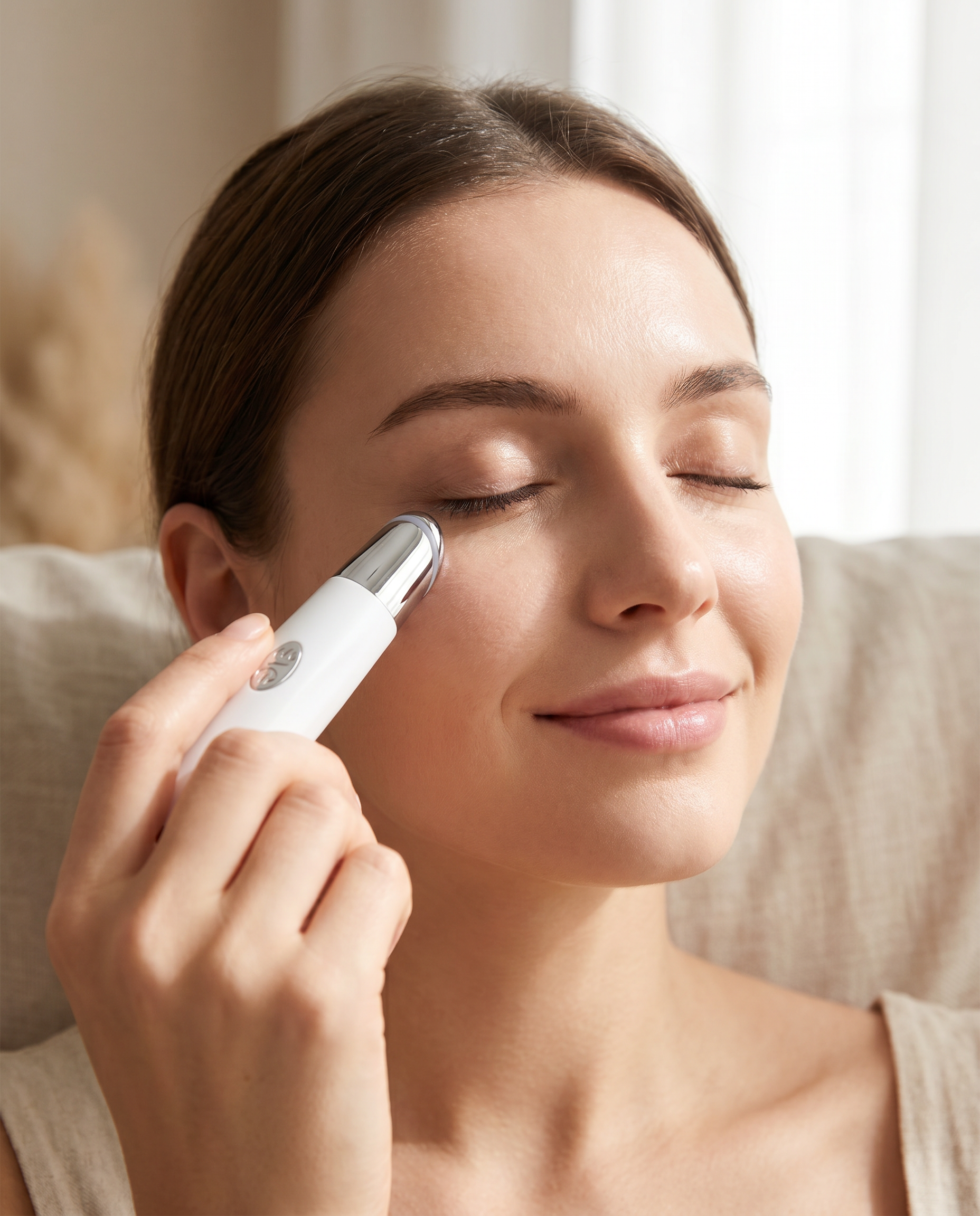 Woman using Eye Revival massager under the eye