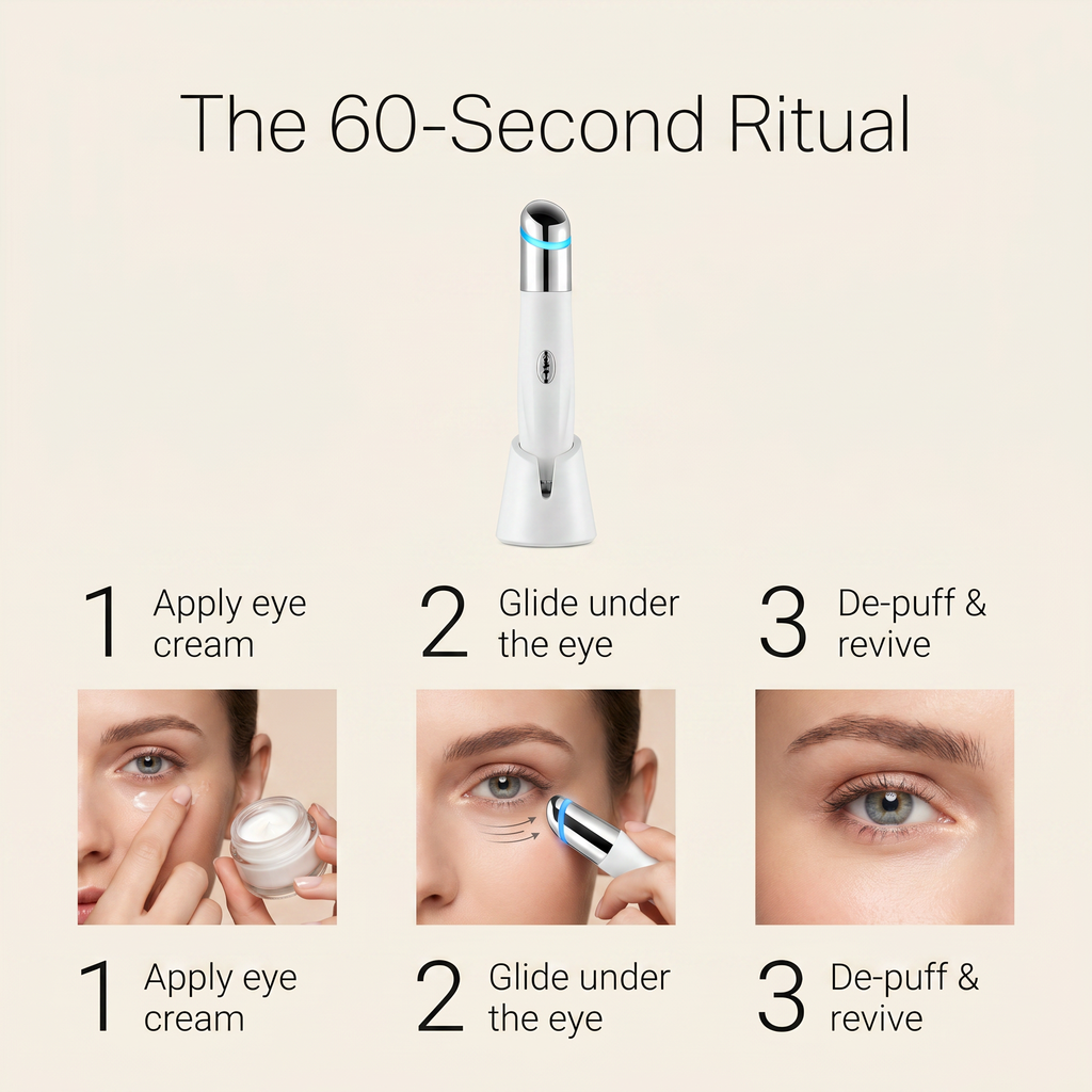 The 60-Second Ritual — apply eye cream, glide under the eye, de-puff and revive